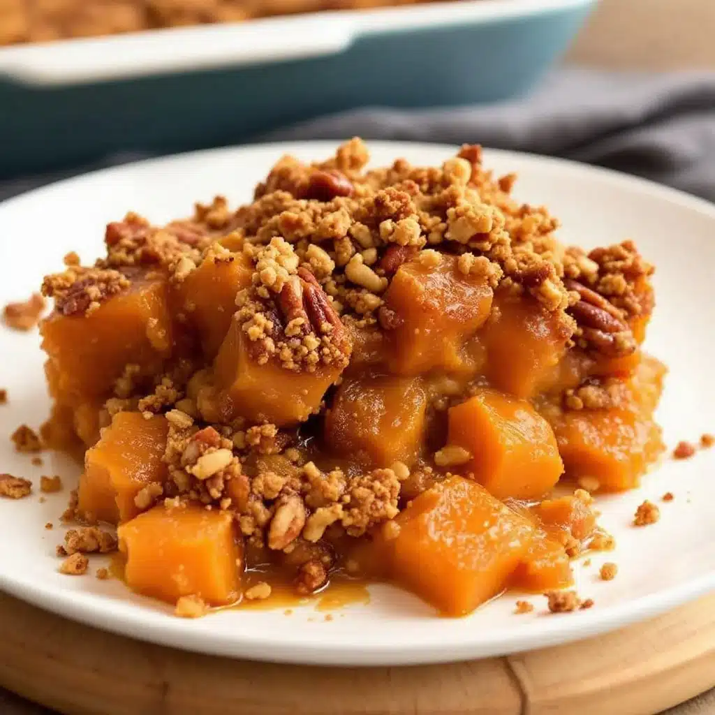 creamy brown sugar sweet potato casserole with pecan streusel - featured image