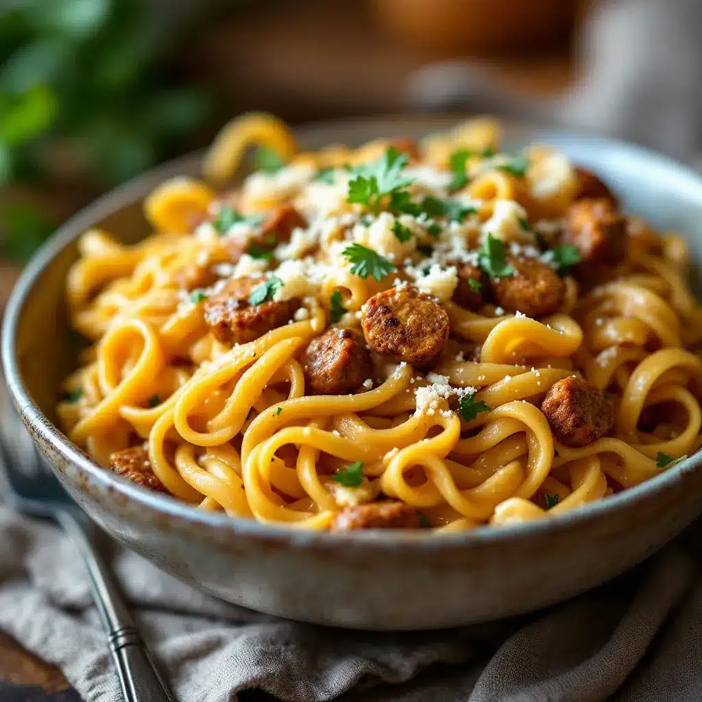 creamy one-pot tuscan sausage and pumpkin pasta preparation steps