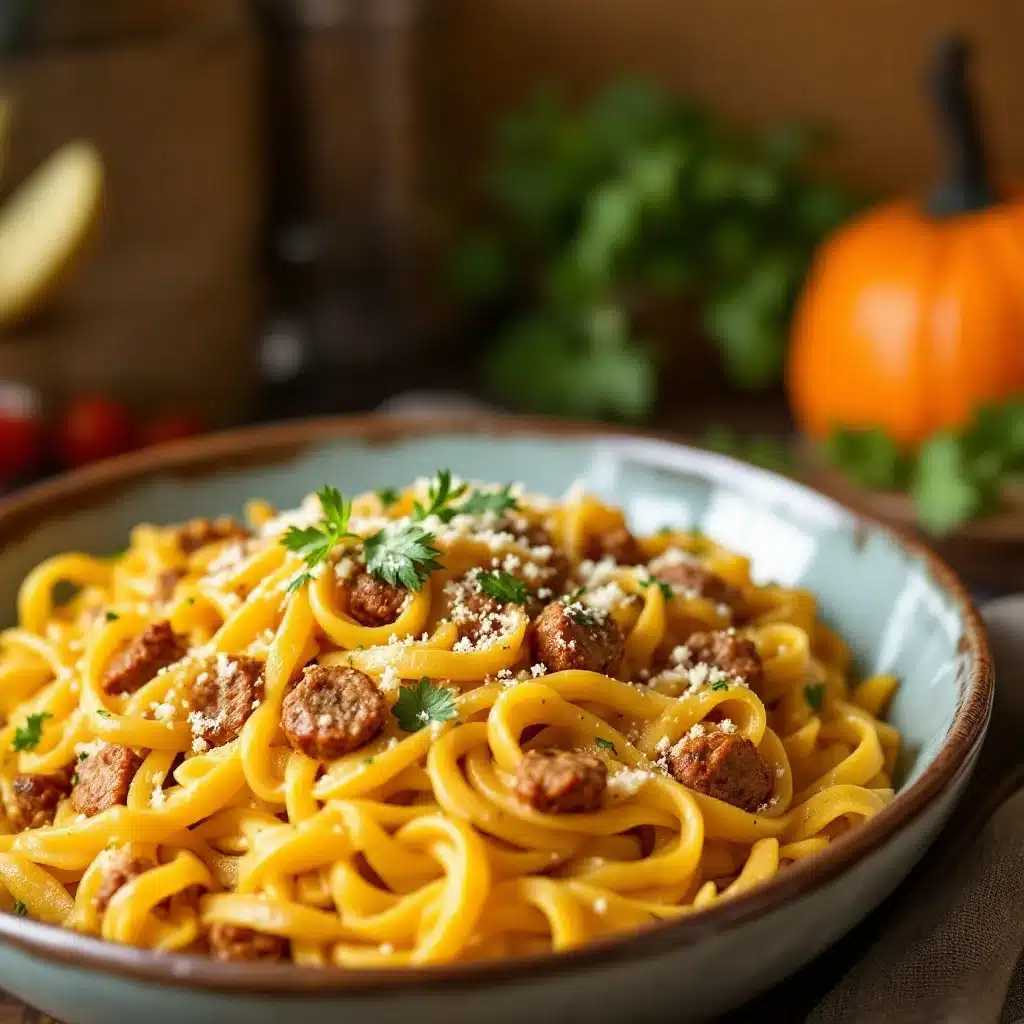 creamy one-pot tuscan sausage and pumpkin pasta - featured image