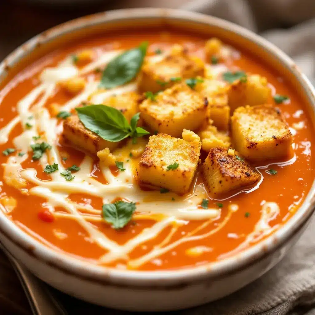 creamy tomato basil soup with grilled cheese croutons preparation steps