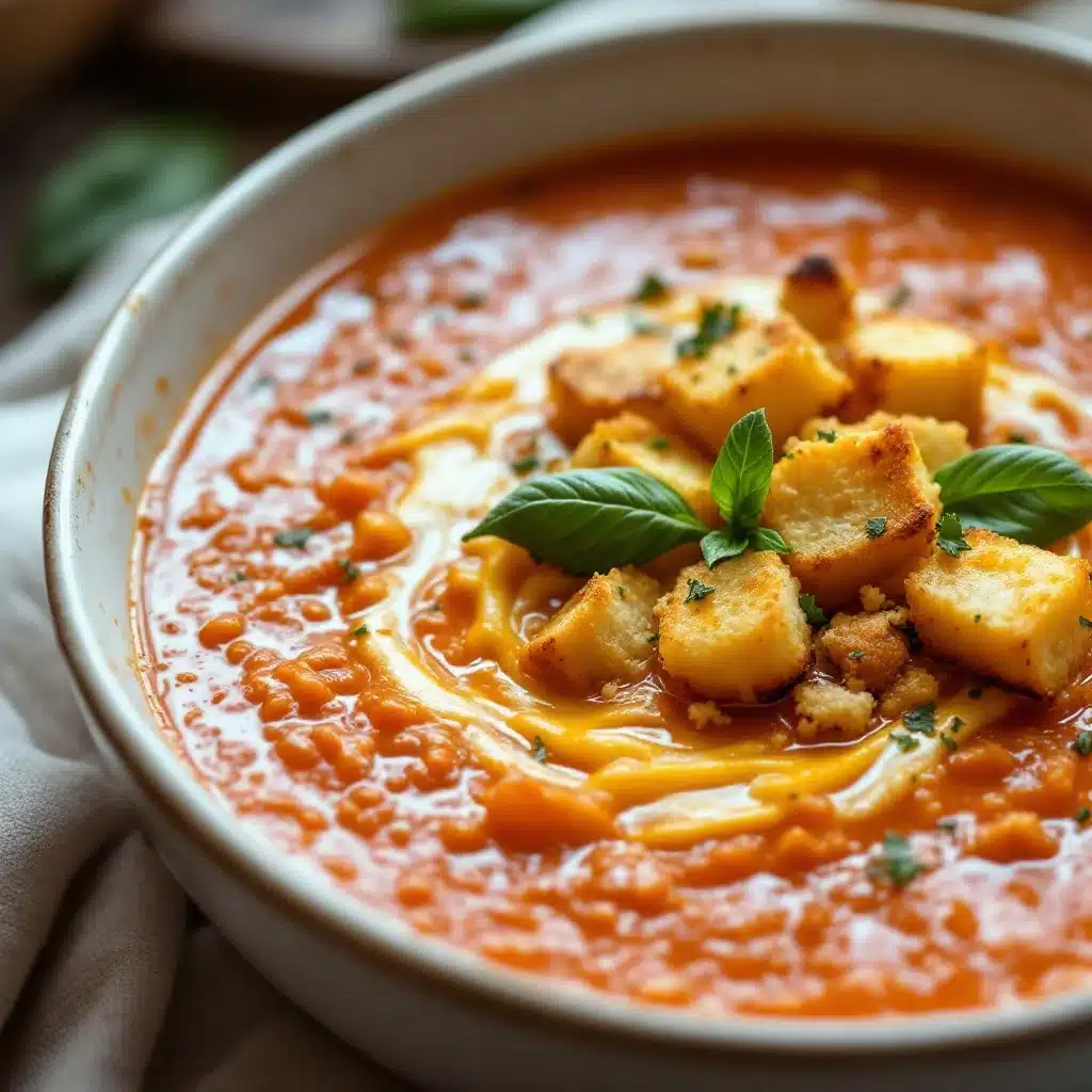 creamy tomato basil soup with grilled cheese croutons - featured image