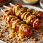 crispy german pretzel bratwurst skewers - featured image