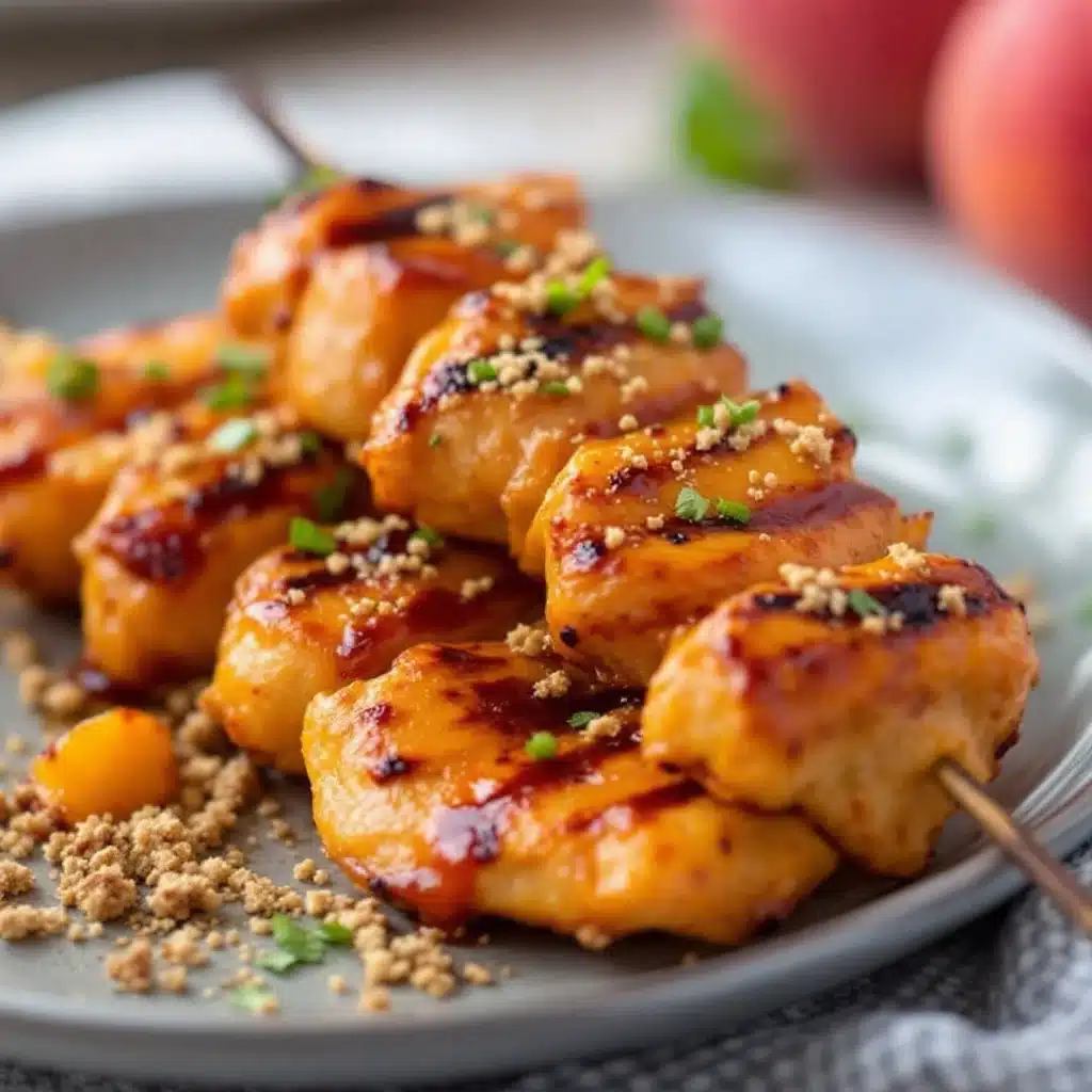 grilled peach bourbon chicken skewers - featured image