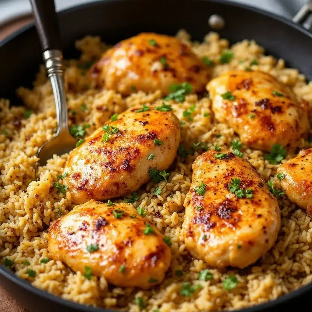 one pan garlic butter chicken and rice preparation steps