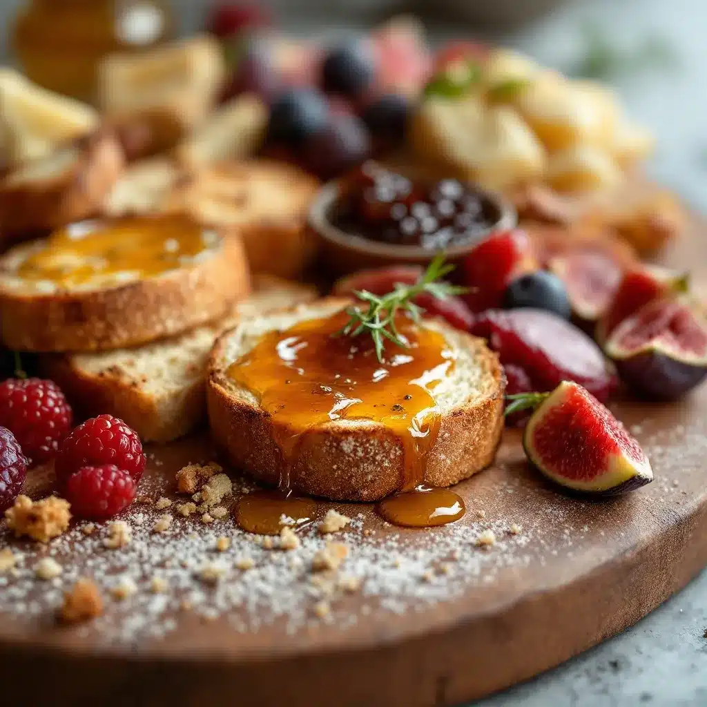 rustic grazing board with honey and fig jam preparation steps