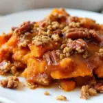 creamy brown sugar sweet potato casserole with pecans - featured image