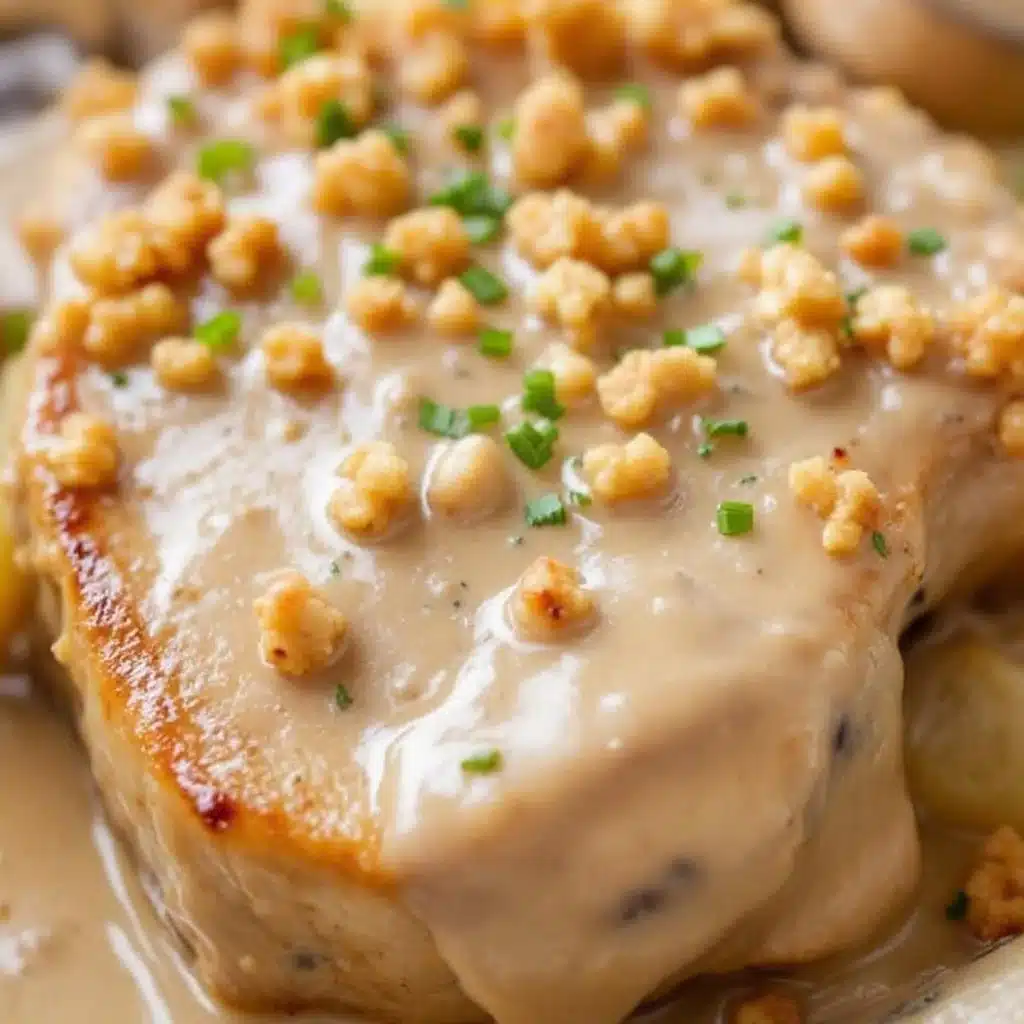 creamy crockpot pork chops with mushroom sauce - featured image