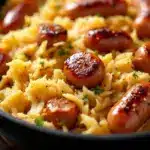 crispy bratwurst and sauerkraut skillet - featured image