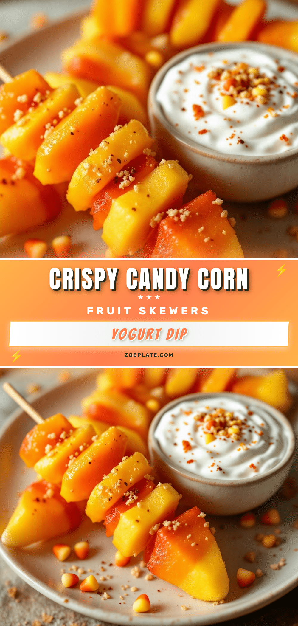Crispy Candy Corn Fruit Skewers recipe