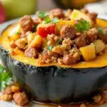 slow cooker stuffed acorn squash with sausage - featured image